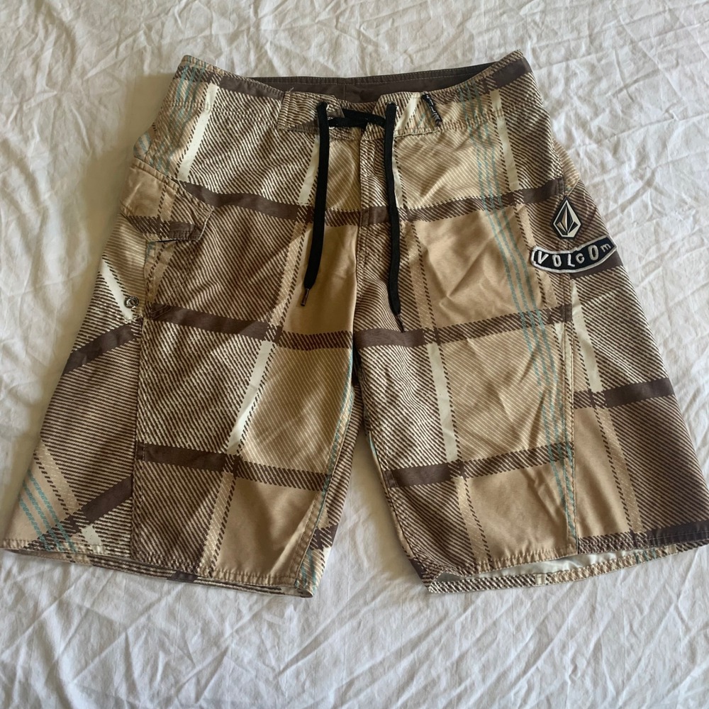 Volcom Size 32 Board Shorts Brown Plaid Mod-Tech‎ Cargo Swim Trunks Mens